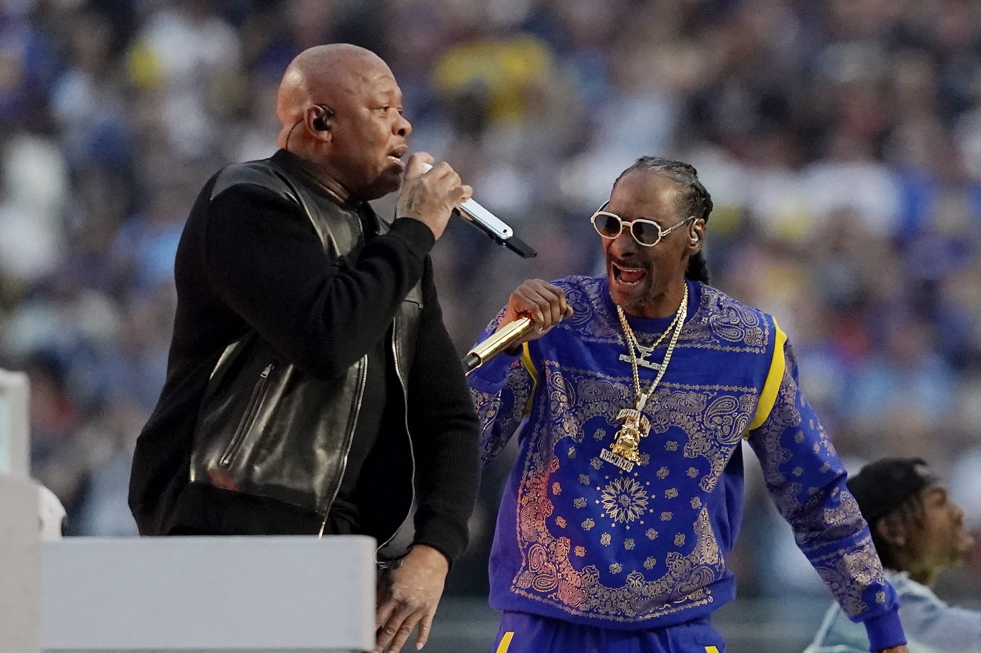 Dr. Dre and Snoop Dogg performing during Super Bowl halftime show
